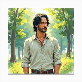 Keanu Reeves In A Tranquil Watercolor Park Scene With Gentle Breezes Canvas Print