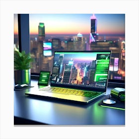 Laptop On Desk With City View Canvas Print