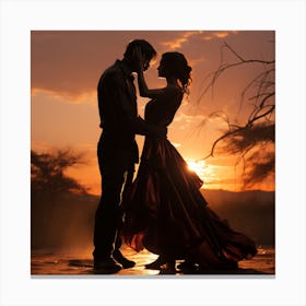 Silhouette Of A Couple At Sunset Canvas Print