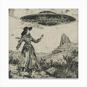 Antiqued Black and White Vintage Pinup Cowgirl Waving Good Bye to her Alien Cowboy Leaving in a Flying Saucer Canvas Print