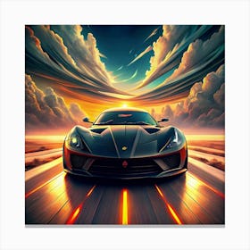 Black Sports Car Driving On A Road With Dramatic Sunset Clouds Canvas Print