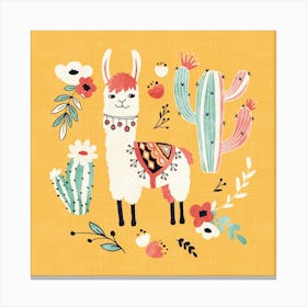 White Llama With Flowers Canvas Print