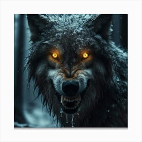 A fierce and battle-scarred lone wolf stands tall in the midst of a raging blizzard. Its fur is matted and covered in snow, and its eyes are a deep, piercing yellow that seem to glow in the darkness. The wolf's teeth are bared in a snarl, and its claws are unsheathed and dripping with blood. It is clear that this wolf is a force to be reckoned with, and that it will not back down from a fight. In the background, a dark and sinister forest looms, adding to the sense of danger and mystery. Canvas Print