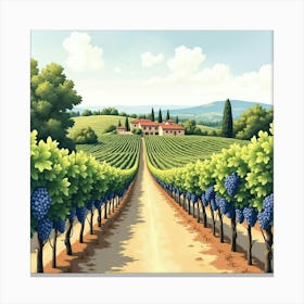 Tranquil Watercolor Scene Of A Tuscan Vineyard With Ripe Grapes And Old Farmhouses 1 Canvas Print