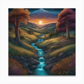 Beautiful Landscape With Stream Rolling Hills Trees Centered Symmetry Painted Intricate Volum Canvas Print