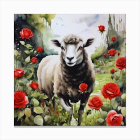 Sheep With Red Roses Canvas Print