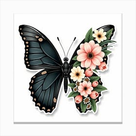 Black Butterfly With Pink Flowers Canvas Print