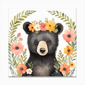 Floral Baby Black Bear Nursery Illustration (17) Canvas Print