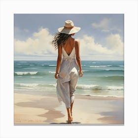Woman Walking In The Beach Painting Art Print 0 Canvas Print