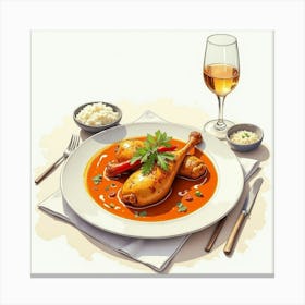 Watercolor Sketch Of A Savory And Aromatic Chicken Curry On A Fine Dining Table Canvas Print