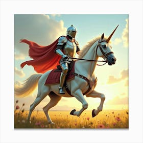 A Heroic Knight In Shining Armor, Riding A Unicorn Through A Golden Meadow 1 Canvas Print