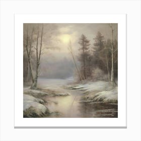 Ancient landscapes, old winter oil paintings and rocks around the lake bank. Snow is falling on the lake, old colors.3 Canvas Print