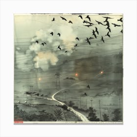 名古屋から北へ五里の鳥と電線の風景 Landscape With Birds And Power Line Five Ri To The North From Nagoya (I) Canvas Print