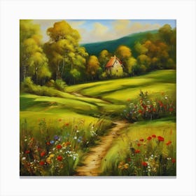 Canada's forests. Dirt path. Spring flowers. Forest trees. Artwork. Oil on canvas.4 Canvas Print