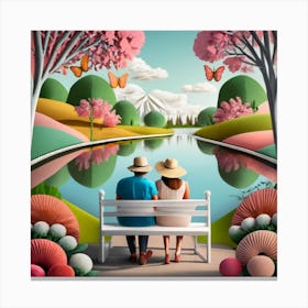 Couple Sitting On Bench Canvas Print
