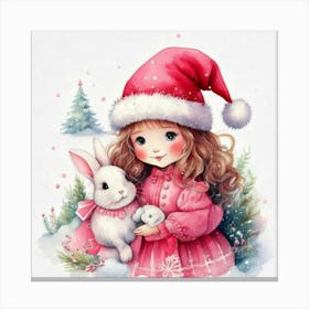 Firefly Christmas, Bunnies, Santa, Hat, Pastel, Watercolor, Pink, Dresses, Cute, Festive, Holiday, W (2) Canvas Print