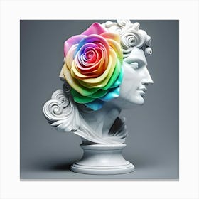 A White Marble Bust Of Rainbow Colored Rose On A Grey Background, 3d Canvas Print