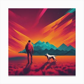 An Image Of A Dog Walking Through An Orange And Yellow Colored Landscape, In The Style Of Dark Teal (4) Canvas Print