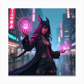 A Cyberpunk Mage With Neon Magic Casting Spells In A Futuristic Cityscape Canvas Print