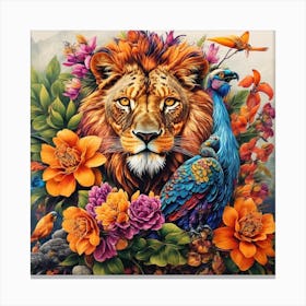 Lion And Peacock Canvas Print