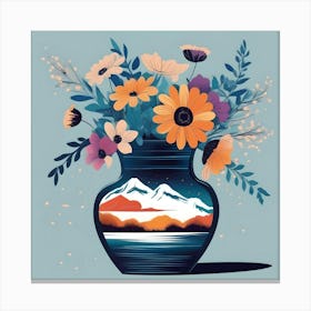 Vase With Flowers  decorated with snowy landscape, blue, orange Canvas Print