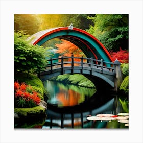 Japanese Garden Bridge, Autumn Landscape, Spring Landscape, Digital Art Print, Home Decor, Drawing Room Decor Canvas Print