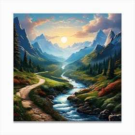 Path Through The Mountains, A Winding Path Through Various Landscapes Mountains Forests Rivers Indicating The Thrill Canvas Print