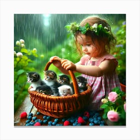 Little Girl With Kittens Canvas Print