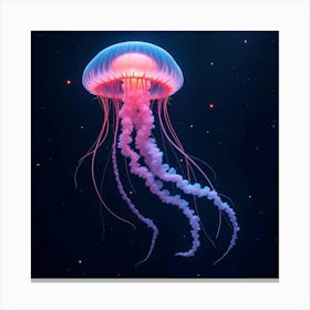 A Jellyfish With Neon Colored Tendrils, Floating Through A Deep, Bioluminescent Sea Canvas Print