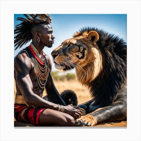 Lion And The warrior Man Canvas Print