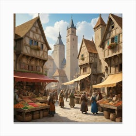 Medieval Market City art print Canvas Print