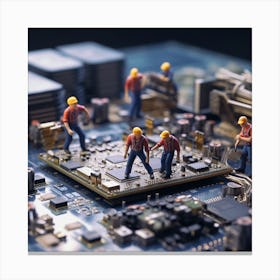Miniature Workers On A Circuit Board Canvas Print