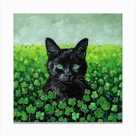 Black Cat In Shamrock Field Canvas Print