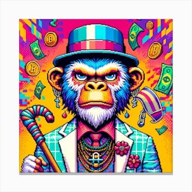 "Crypto Baron" - Immerse yourself in the vivid world of digital wealth with this electrifying artwork. A visually striking piece, it portrays a regal ape, decked out in a dapper suit and hat, exuding the bold confidence of a cryptocurrency mogul. Symbols of affluence like Bitcoin float around, against a backdrop of neon grids and pulsating patterns that scream cyberpunk chic. This piece is a must-have for crypto enthusiasts and collectors who appreciate art that makes a statement. It's a conversation starter, a symbol of the times, and a nod to the digital age's influence on culture and style. Add this splash of color and commentary to your collection and let your space make the ultimate contemporary statement. Canvas Print