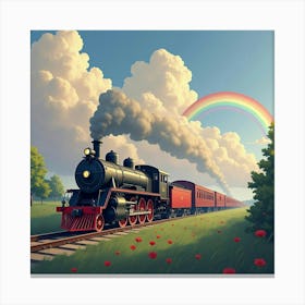 Classic Steam Train Crossing A Rainbow Filled Sky 1 Canvas Print