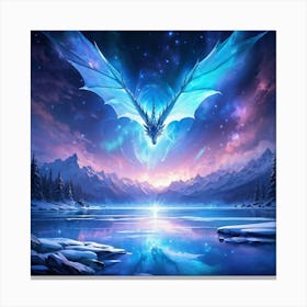 Ice Dragon Soaring Over Crystalline Frozen Lake Reflected Scales Shimmering Against The Icy Surface Canvas Print