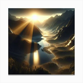 Sunrise Over Mountains And Lake Canvas Print