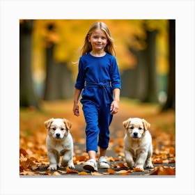 Little Girl With Puppies In Autumn Canvas Print