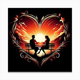 Couple Sitting on a Bench in a Heart - Romantic Wall Art for Home Decor Canvas Print