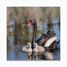 Black Swan with two cygnets Canvas Print