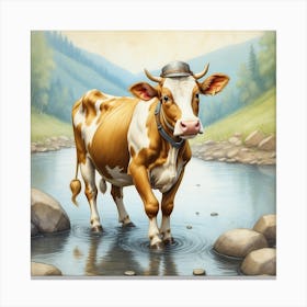 Cow By The Stream Canvas Print