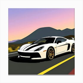 White Striped Supercar Front View Focus Sports Car On The Road Canvas Print