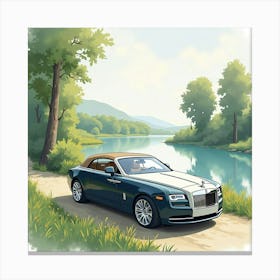 Luxury Coupe By A Tranquil Riverbank, Watercolor Painting 1 Canvas Print