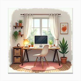 Cozy Home Office In Watercolor, With A Desk, Computer, And Personal Touches 1 Canvas Print