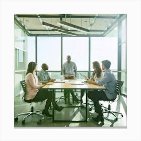 A diverse group of professionals collaborating in a modern conference room, utilizing technology and engaging in discussions, symbolizing teamwork, innovation, and corporate synergy. This versatile image can be used across various industries for presentations, marketing materials, and corporate communications Canvas Print