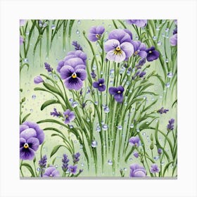 Lavender And Pansies, With Water Droplets Canvas Print