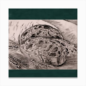 bread, slice of bread, ears of wheat; dark green background Canvas Print