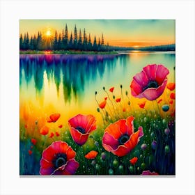 Poppies By The Lake Canvas Print