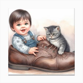 Little Boy With Kitten In Shoes Canvas Print