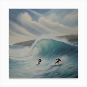 Two Surfers Riding A Wave Canvas Print